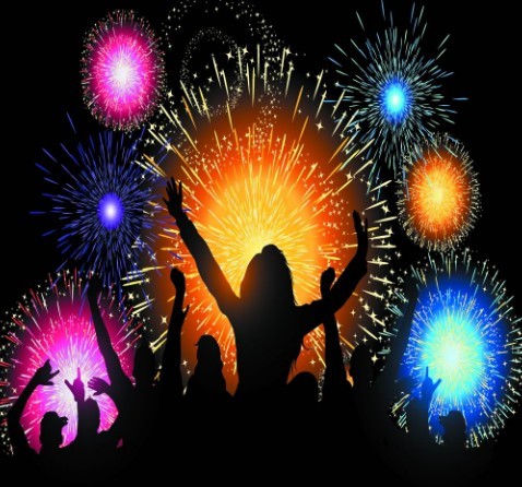 Vector Fireworks and Silhouetted People