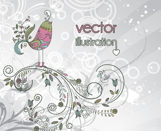 Vintage Hand Drawn Bird and Floral Illustration Vector 01