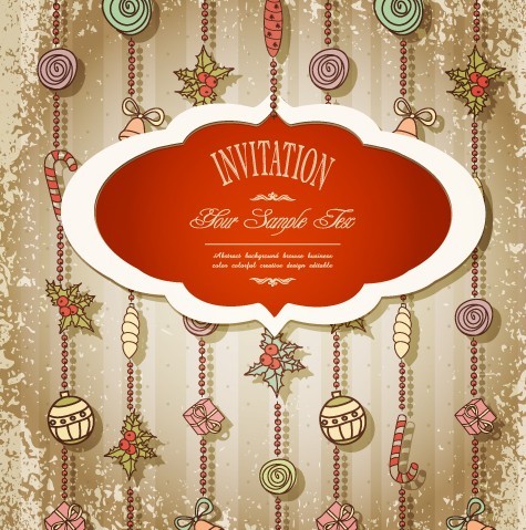 Vintage Merry Christmas Invitation Card Ornaments Vector 04