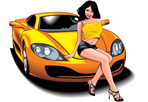 Beautiful Babe with Yellow Car Vector Illustration 01