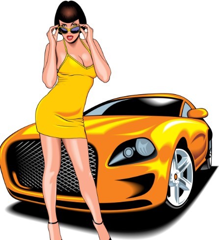 Beautiful Babe with Yellow Car Vector Illustration 02