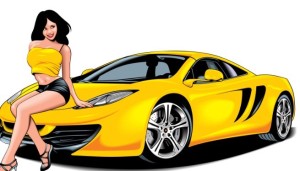 Beautiful Babe with Yellow Car Vector Illustration 03