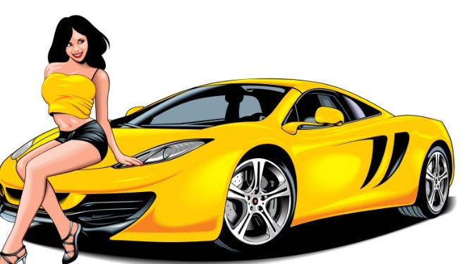 Beautiful Babe with Yellow Car Vector Illustration 03