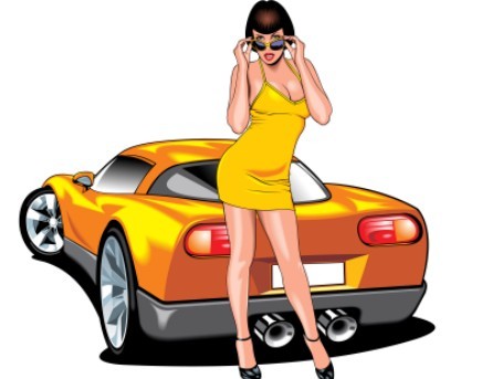 Beautiful Babe with Yellow Car Vector Illustration 04