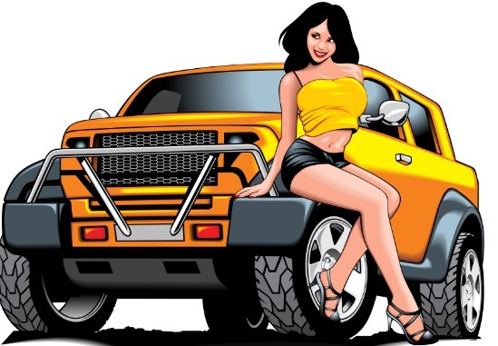 Beautiful Babe with Yellow Car Vector Illustration 05