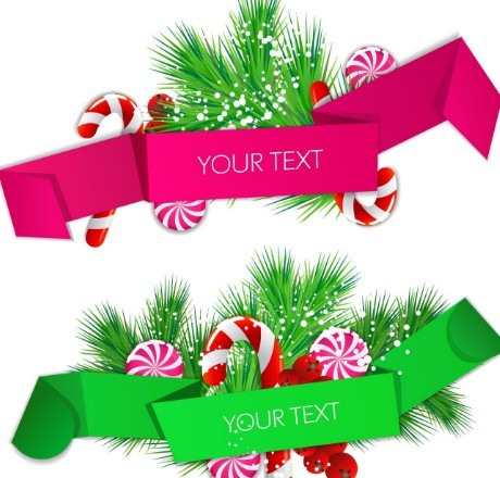 Colored Ribbon Label with Christmas Ornaments Vector 02