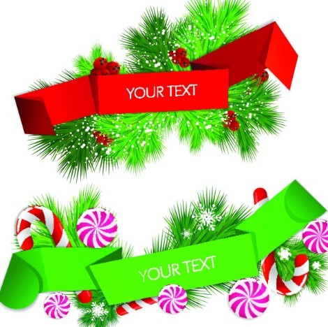 Colored Ribbon Label with Christmas Ornaments Vector 04