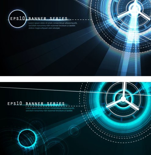Set Of Dark Blue Banners with Technology Circles Backgrounds