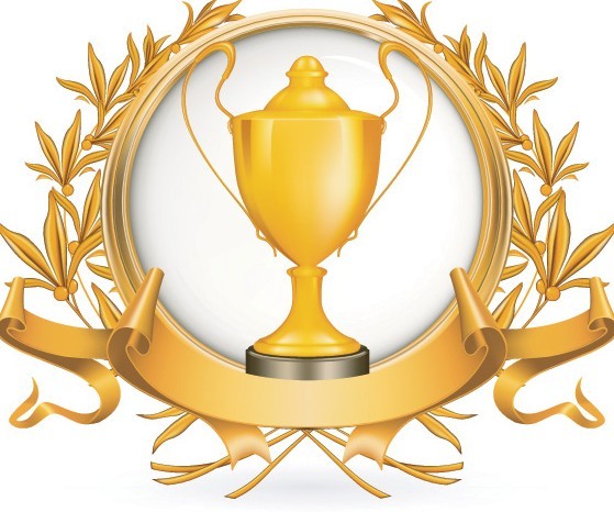 Golden Emblem with Ribbon and Trophy Cup Vector 01