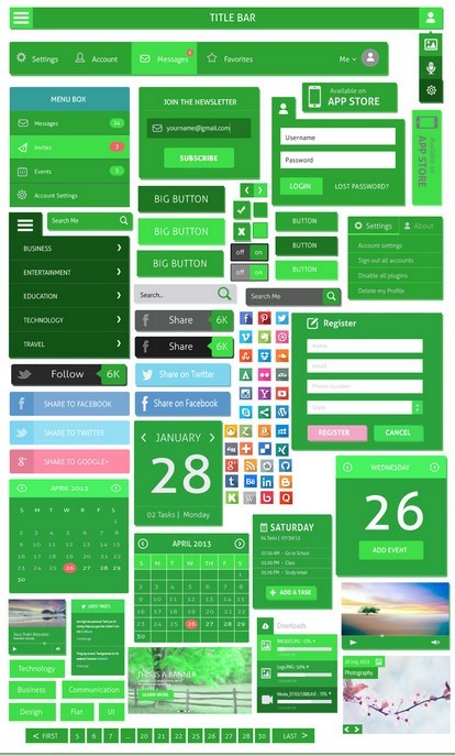 Green Flat UI Design Kit PSD