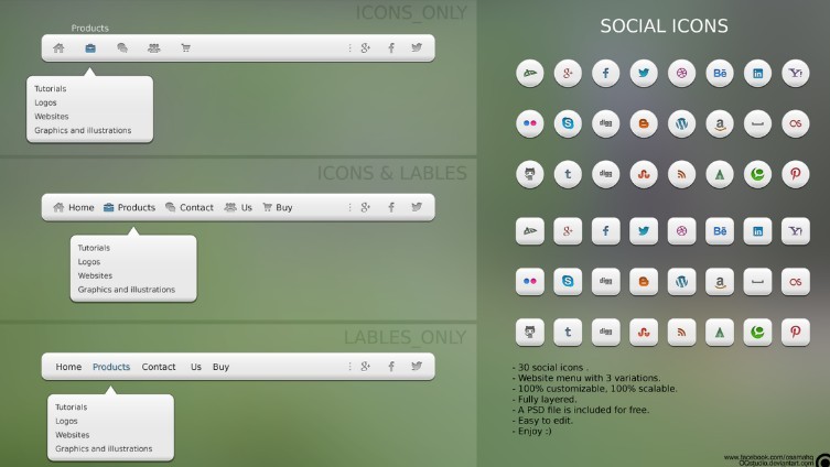 Pack Of 3 Web Menus + 30 Social Media Icons PSD