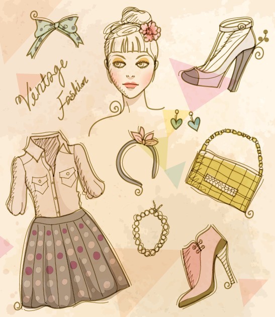 Vector Vintage Illustration Of Fashion Girl and Women's Accessories 01