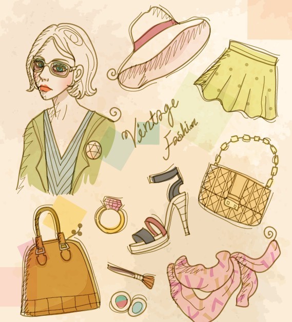 Vector Vintage Illustration Of Fashion Girl and Women's Accessories 02