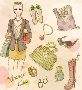 Vector Vintage Illustration Of Fashion Girl and Women's Accessories 03