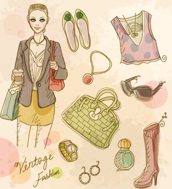 Vector Vintage Illustration Of Fashion Girl and Women's Accessories 03