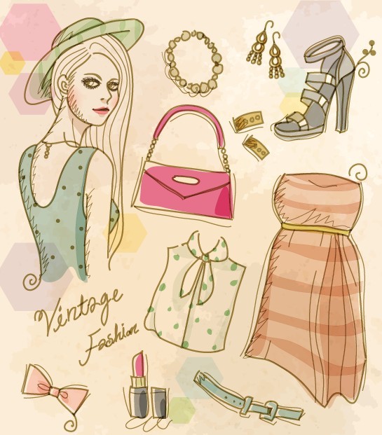 Vector Vintage Illustration Of Fashion Girl and Women's Accessories 04