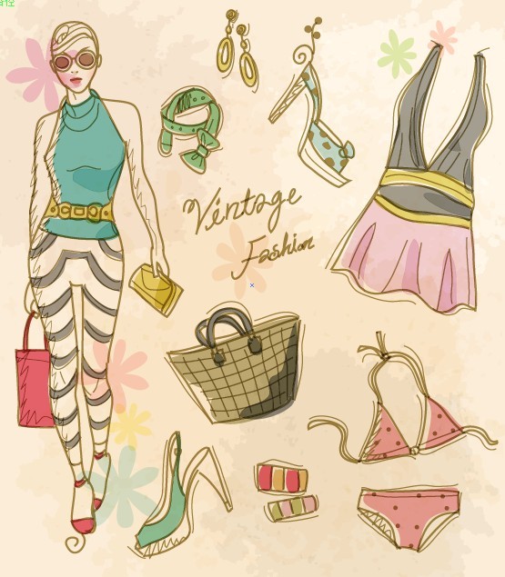 Vector Vintage Illustration Of Fashion Girl and Women's Accessories 05