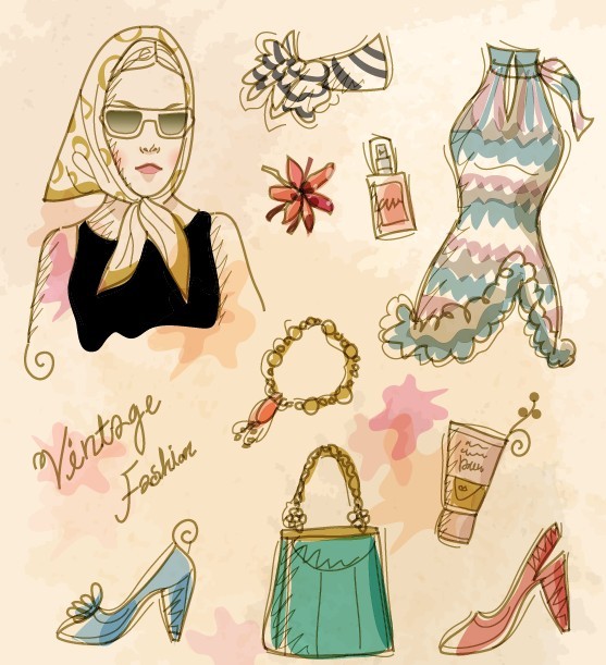 Vector Vintage Illustration Of Fashion Girl and Women's Accessories 07