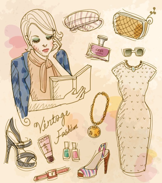 Vector Vintage Illustration Of Fashion Girl and Women's Accessories 08