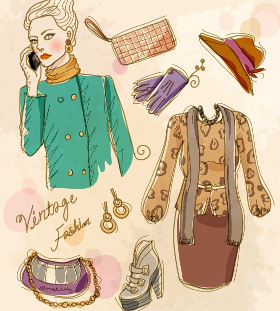 Vector Vintage Illustration Of Fashion Girl and Women's Accessories 09