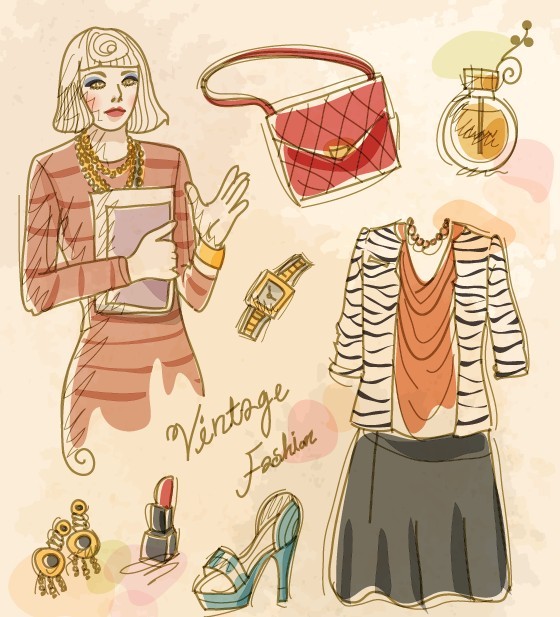 Vector Vintage Illustration Of Fashion Girl and Women's Accessories 10