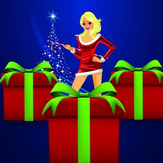Set of Sexy Santa Girls and Red Gift Boxes Vector 02