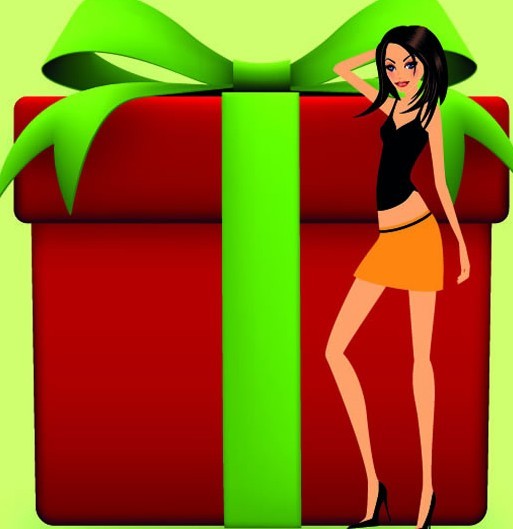 Set of Sexy Santa Girls and Red Gift Boxes Vector 03