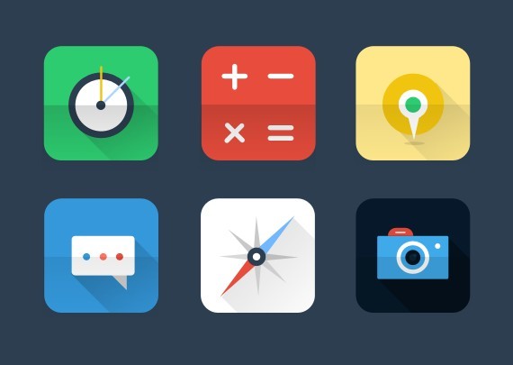 6 Flat Long Shadow Icons with Reflection PSD