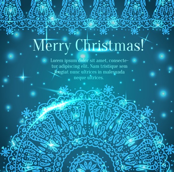 Blue Merry Christmas Background With Vintage Floral Border Vector 04