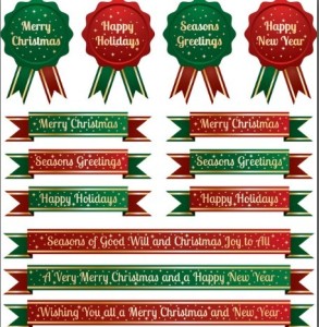 Set Of Green & Red Christmas Ribbons and Badges Vector 01