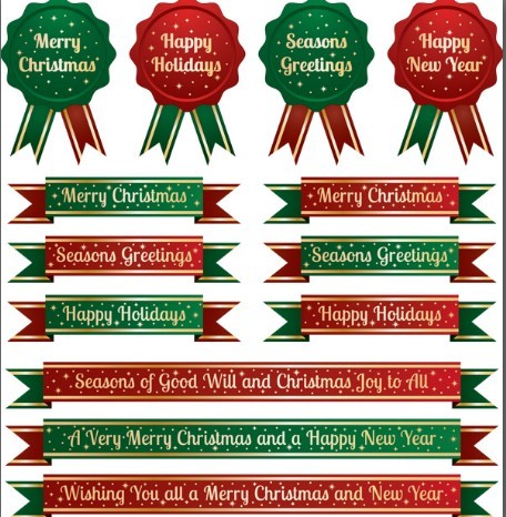 Set Of Green & Red Christmas Ribbons and Badges Vector 01