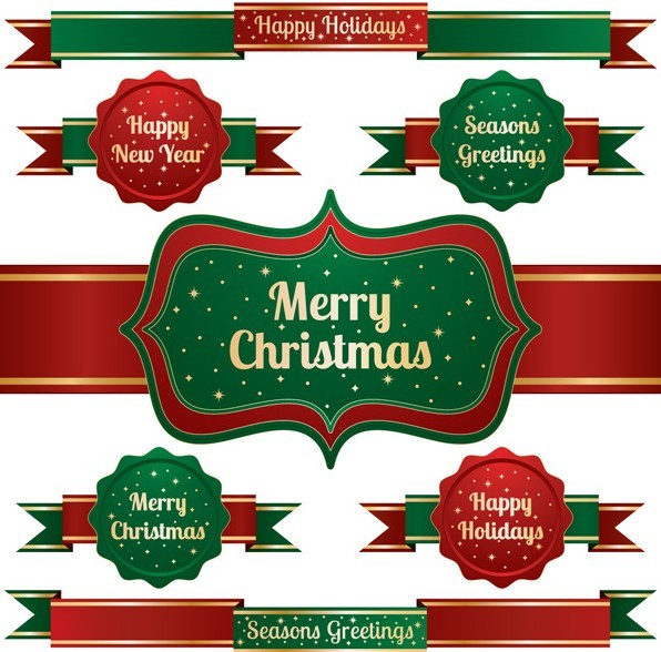 Set Of Green & Red Christmas Ribbons and Badges Vector 02