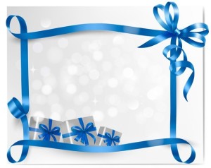 Blue Gift Card with Ribbon Bow and Gift Boxes Vector 01