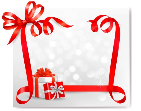 Red Gift Card with Ribbon Bow and Gift Boxes Vector
