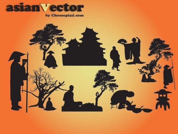 Traditional Oriental People Silhouettes Vector