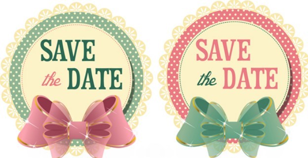 2 Vintage Wedding Save The Date Stickers with Bows Vector