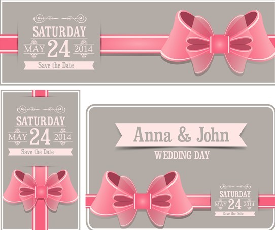 Sweet Wedding Invitation Cards With Ribbon Bows Vector 05