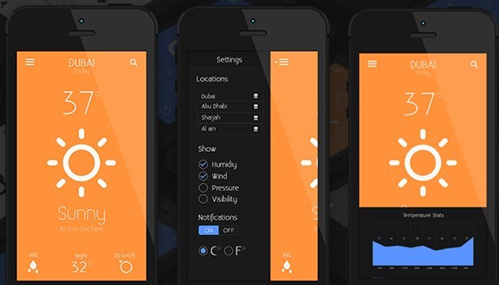 Dark and Orange Weather App For Mobile PSD