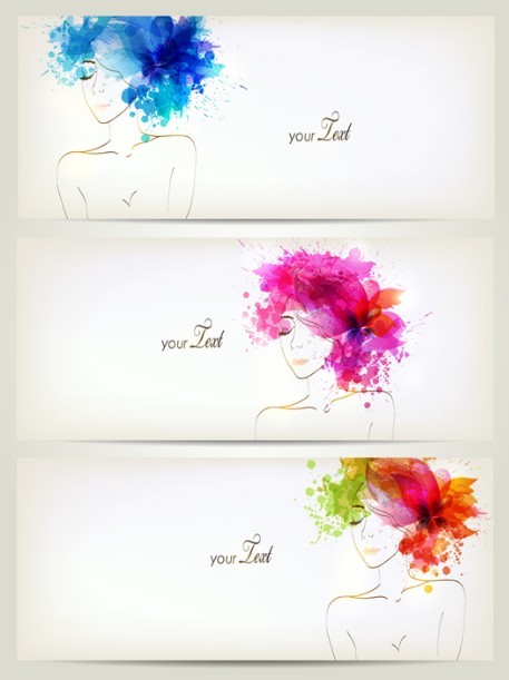 Set Of Clean Banners with Watercolor Flower Girl Backgrounds Vector 02
