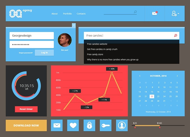 Minimal Blue and Red UI Kit PSD
