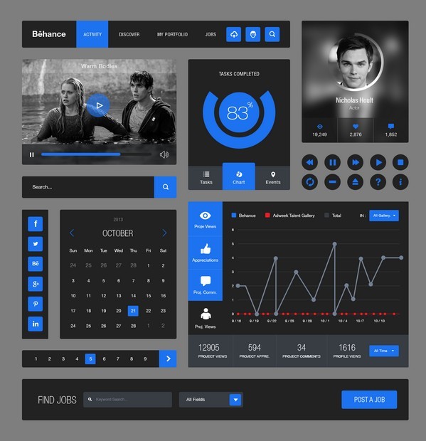 Behance Style Dark and Blue Web UI Kit PSD