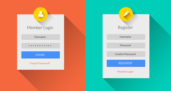 Flat Long Shadow Login & Register Form UI PSD