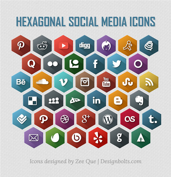 Flat Long Shadow Style Hexagonal Social Media Icons
