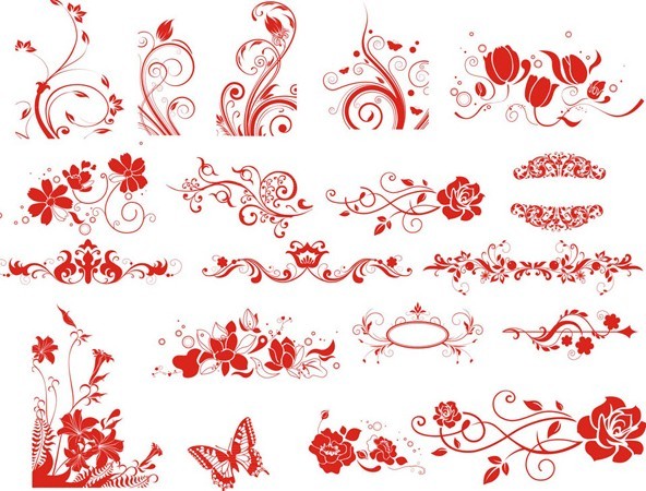 Set of Red Flower Decorative Patterns Vector