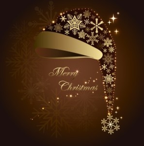 Golden Christmas Hat with Sparkling Snowflakes and Stars Vector