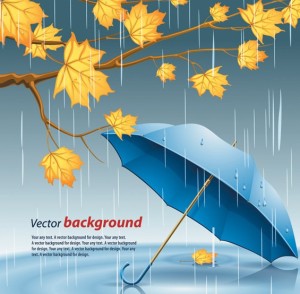 Yellow Leaves and Blue Umbrella In Rainy Day Vector