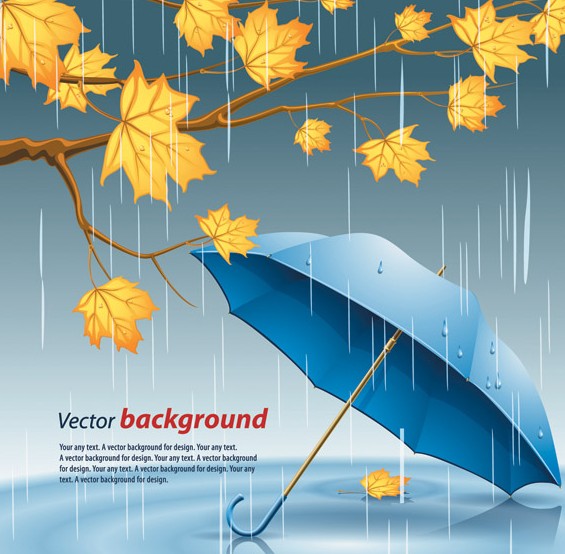 Yellow Leaves and Blue Umbrella In Rainy Day Vector