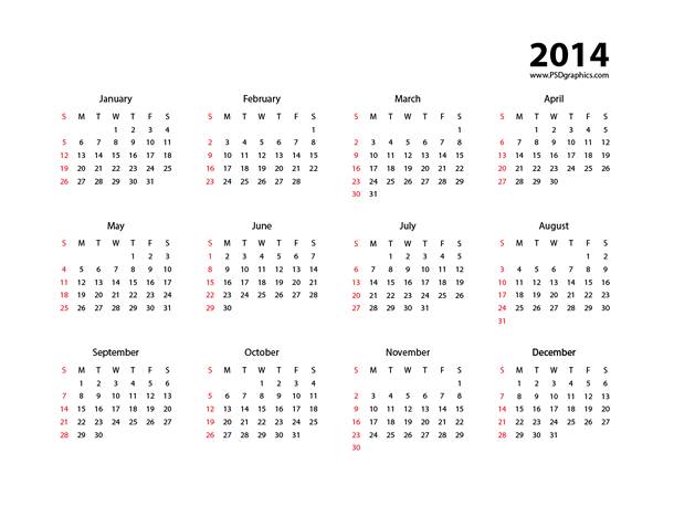Minimal Calendar 2014 Template Vector