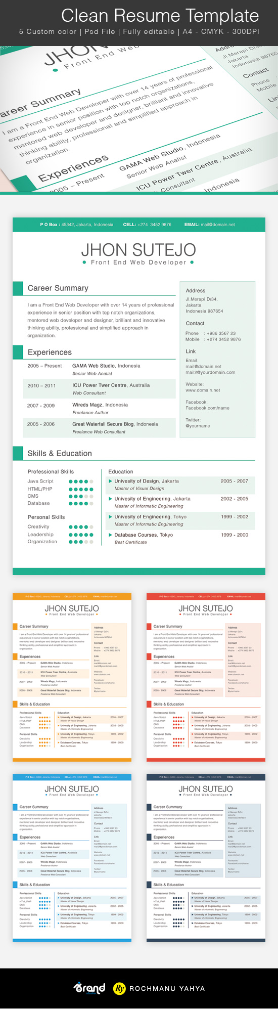 Clean One Page Resume Template PSD