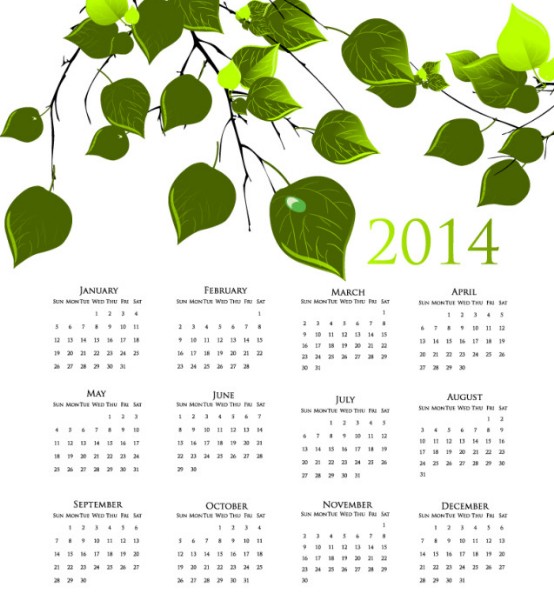 Green Spring 2014 Calendar Vector